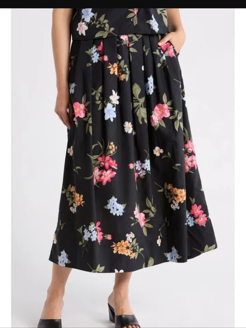 Ellen Tracy black garden floral striped waist‎ poplin cotton maxi skirt size XL